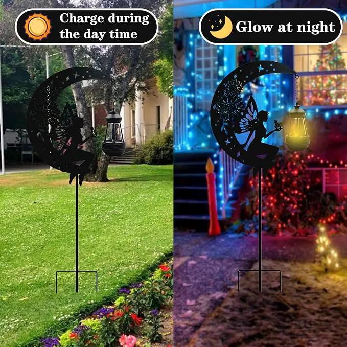 Solar Angel Garden Outdoor Stake Holding Solar Lantern Outdoor Decor Metal Large Angel Sitting Moon Silhouette Stakes for Garden Lawn Patio or Courtyard by GreenHaven Gardens