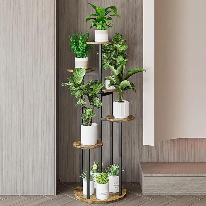 Plant Stand Indoor 6 Tier 9 Potted Multiple Flower Pot Holder for Patio Garden Balcony Living Room Corner (6 Tier Black+Rustic Brown) by GreenHaven Gardens