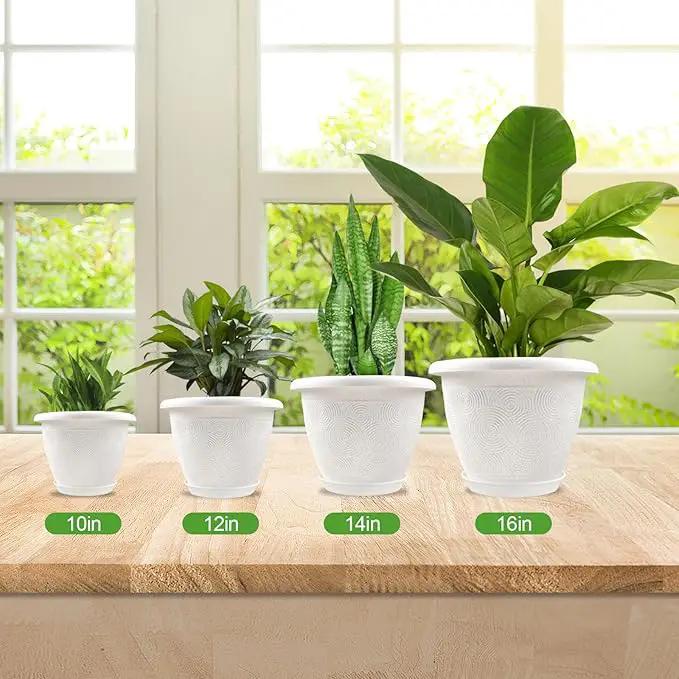 Plastic Flower Pots Planters for Indoor Plants, 4 Pack 12 Inch White Plant Pots with Drainage Hole & Tray, Modern Decorative Large Plant Pot with Saucer for Indoor Outdoor Plants Garden House Planter by GreenHaven Gardens