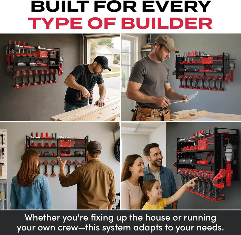 Power Tool Organizer Wall Mount - Power Tool Storage Rack with 3 Shelves, 8 Drill Holders, Bit Holder, Load 300 lbs, Pegboard Sides Storage for Tools- Garage Drill Organizer, Ultimate Workshop Station by GreenHaven Gardens