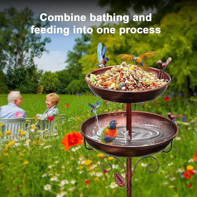 Metal Bird Bath for Outside, 2-in-1 Birdfeeder and Bath, 42 Inch Tall Stand with Hummingbird, Large 12Inch & Small 7.9Inch Bird Bath Bowl, 3 Bird Decor for Garden, Antique Bronze by GreenHaven Gardens