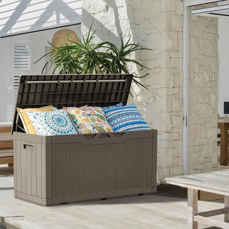 Greesum 100 Gallon Resin Deck Box Large Outdoor Storage Boxes with Cushions for Garden Tools, Patio Furniture Pillows, Pool Supplies, Light Coffee by GreenHaven Gardens