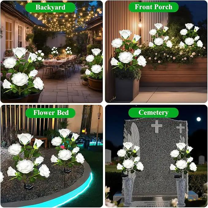 2 Pack Solar Garden Lights Outdoor, 7-Flower Rose LED Stake Light for Yard Patio Pathway Lawn Fence Cemetery, White by GreenHaven Gardens