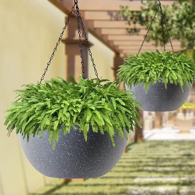 WOUSIWER 13 inch 2 Pack Large Hanging Planters for Indoor Outdoor Plants with Drainage Holes and Chain, Round Hanging Flower Pots for Garden Home Porch Decor, Grey Speckles by GreenHaven Gardens
