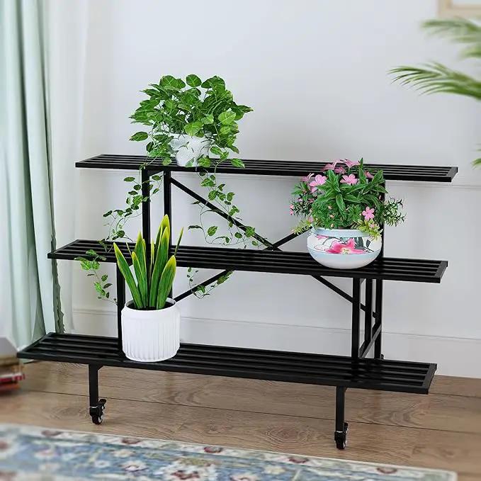Zhongma 3 Tier Sturdy Metal Plant Stand with Wheels, L45.67 x W26 x H26 inch, Heavy Duty Plant Holder for Home Indoor and Outdoor, 660 LBS Capacity & Heavy Duty Construction by GreenHaven Gardens