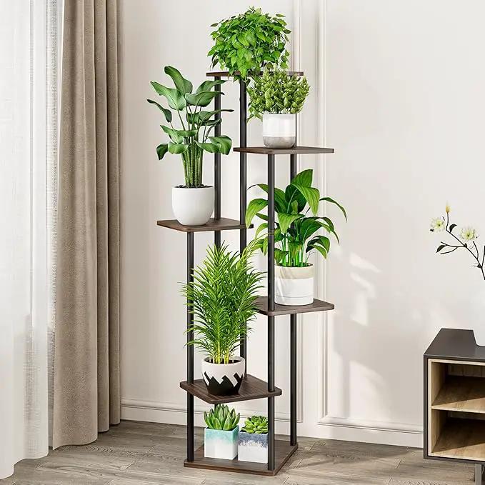 AZERPIAN Plant Stand 6 Tier Indoor Metal Flower Shelf for Multiple Plants Corner Tall Flower Holders for Patio Garden Living Room Balcony Bedroom, Black Oak by GreenHaven Gardens
