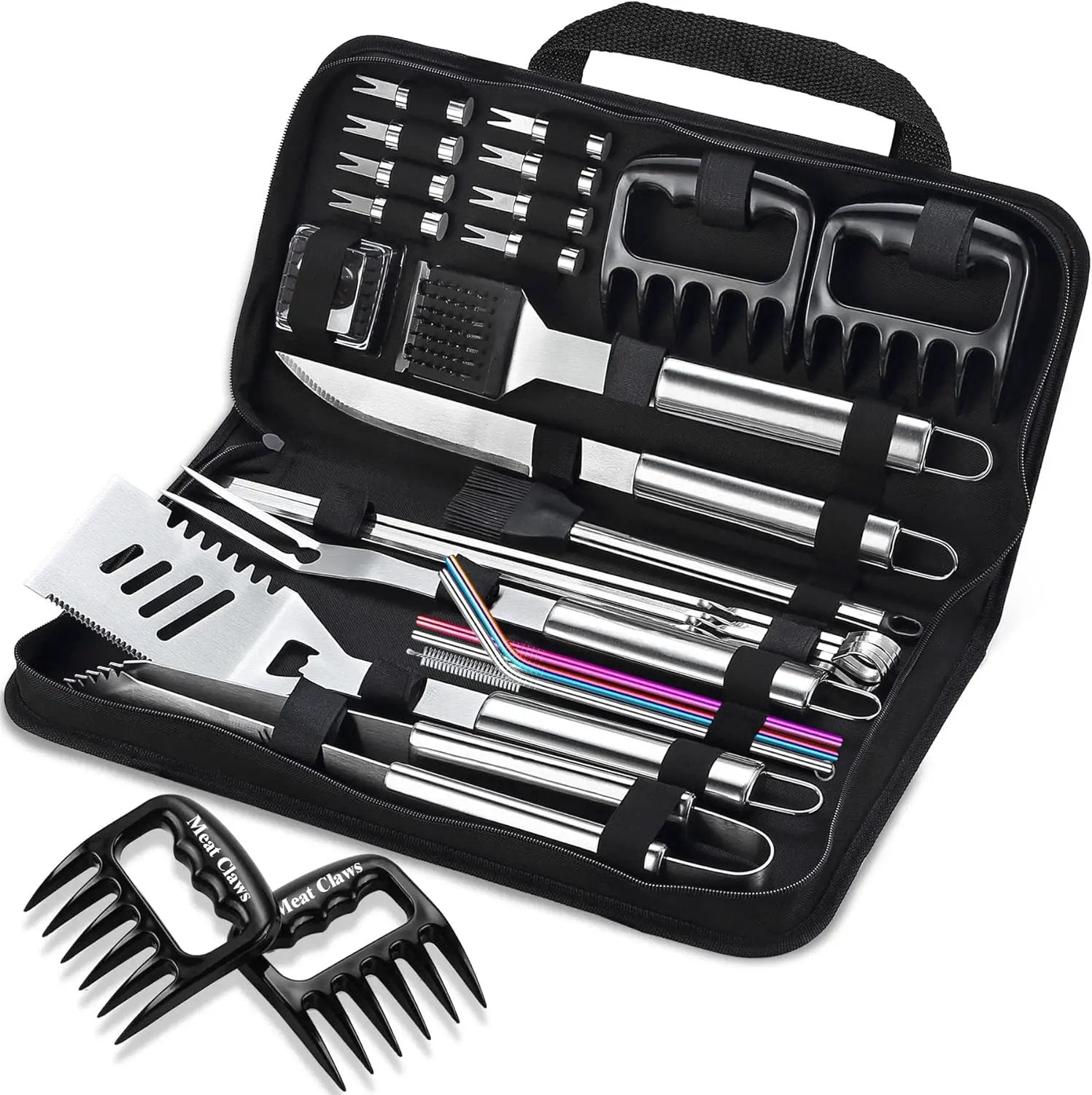 ROMANTICIST 27pcs Heavy Duty Grilling Gifts for Men Dad Fathers Day, Extra Thick BBQ Accessories Tools Set, Stainless Steel Grill Utensils Kit with Meat Claws, Carrying Bag for Outdoor Camping Silver by GreenHaven Gardens