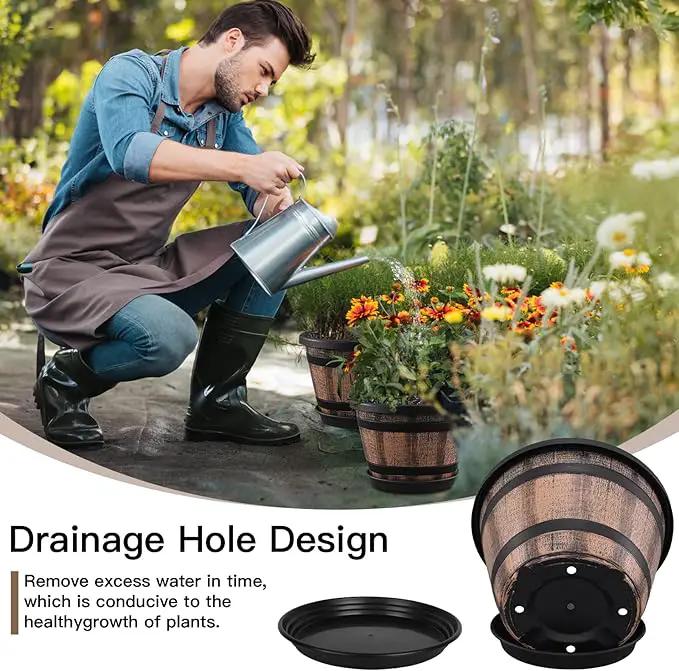 Quarut Plant Pots Set of 4 Pack 12 inch,Large Whiskey Barrel Planters with Drainage Holes & Saucer.Plastic Flower Pots Imitation Wine Barrel Design, for Indoor & Outdoor Garden Home Plants (Brown) by GreenHaven Gardens