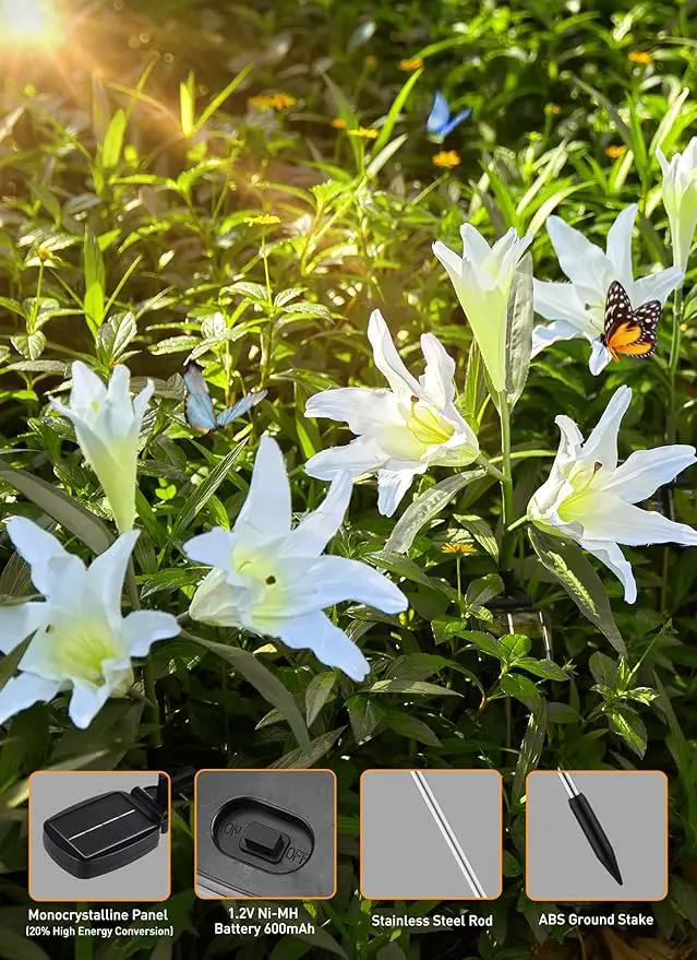 Brightown Outdoor Solar Garden Lights - 4 Pack LED Flower Lights with Larger Lily, Bigger Solar Panel, Waterproof for Outside Yard Patio Garden Decorations, White by GreenHaven Gardens