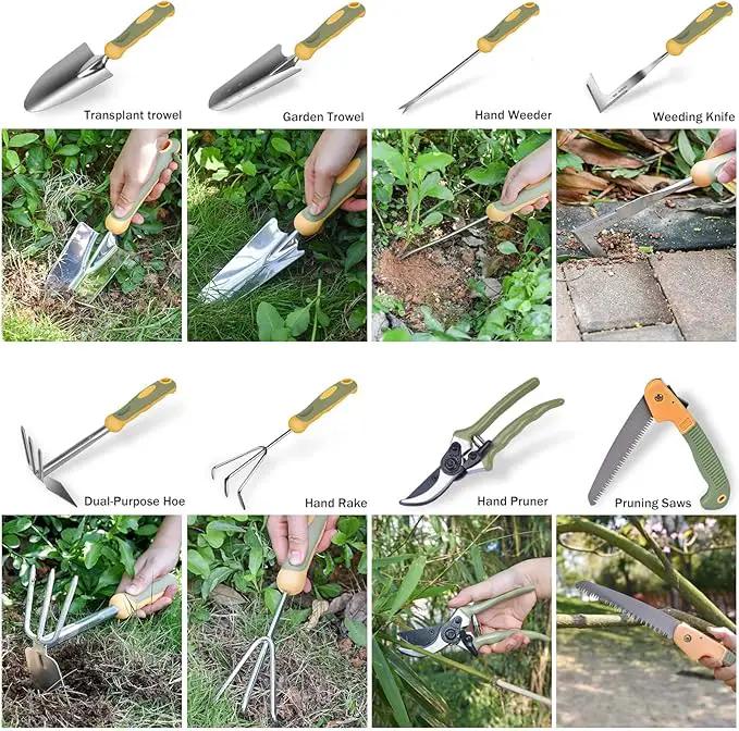 Garden Tool Set, WisaKey 9 Piece Stainless Steel Heavy Duty Gardening Tools with Handle, Durable Garden Tool Bag, Ideal Gardening Hand Tools, Gardening Gifts for Women and Men White Elephant Gifts by GreenHaven Gardens