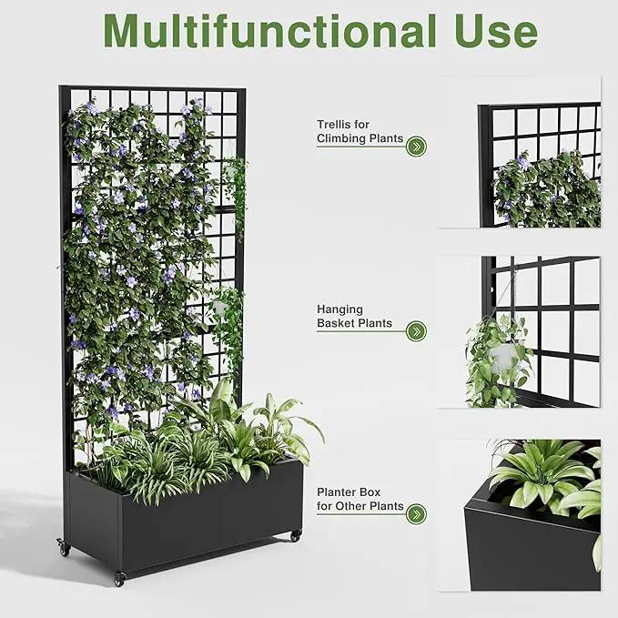 Casaphoria Metal Raised Garden Bed with Trellis and Wheels, 72"x35"x16" Planter Box for Climbing Plants, Vegetables & Vines, Features Drainage Holes and Privacy Screen (Black-Grid) by GreenHaven Gardens