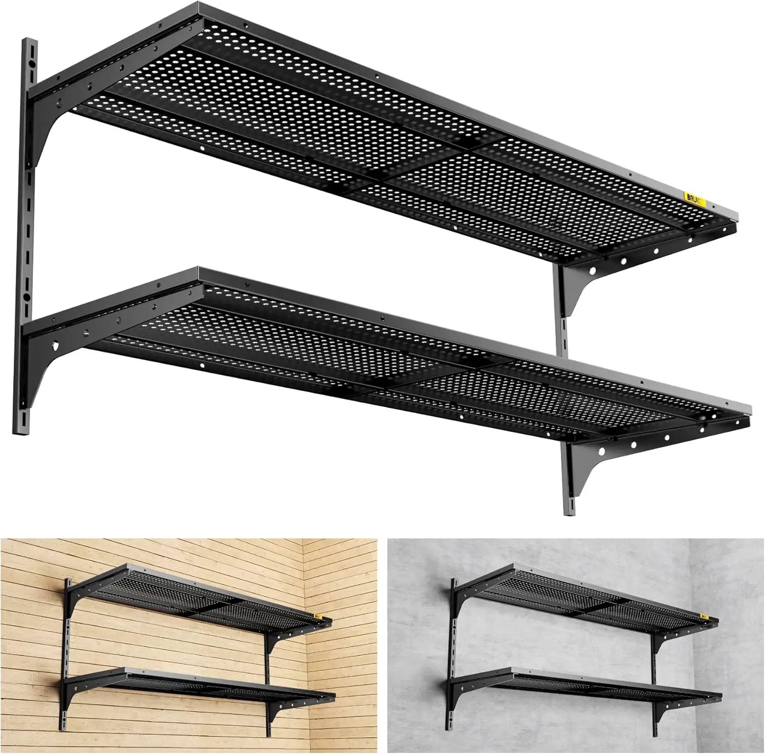 2 Tier 1.3x4ft Garage Shelving Wall Mounted, 400 lbs Load Capacity，15.6x48inch per Shelf Height Cassette Adjustable Floating Shelves(Black) by GreenHaven Gardens