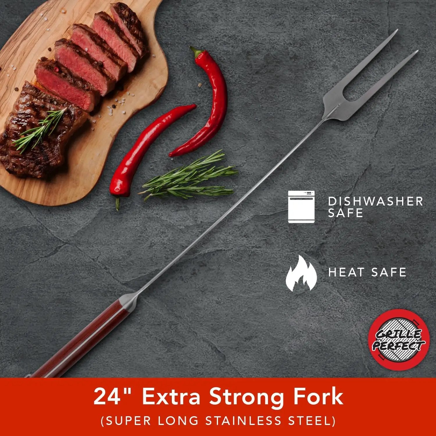 Grill Fork 24-inch Super Long for Grilling Barbecue Griddle and Fire Pit Extra Strong Curved Neck Premium Hardwood Handle Large Stainless Steel Tines for BBQ Outdoor Kitchen and Grilled Food by GreenHaven Gardens