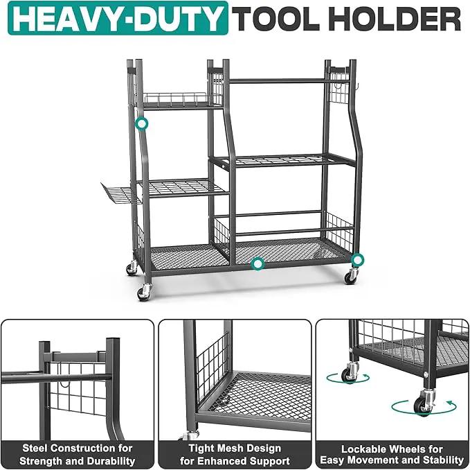 EVERHANGER Garden Tool Organizer Stand, Garage Tool Storage Organization, Yard Tool Racks with lockable wheels, Fit for Long-Handled Tools/Rakes/Brooms by GreenHaven Gardens
