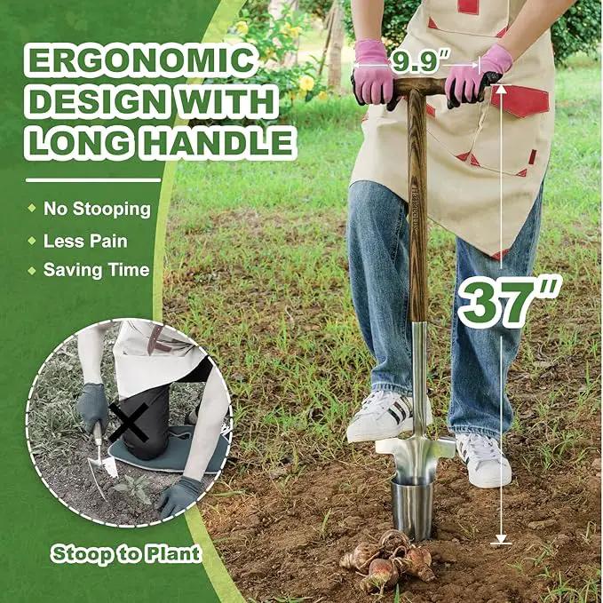 Long Handled Bulb Planter Tool, 37'' Bend-Proof Stainless Steel Bulb Planter, 4'' Depth Marks Long Handled Hole Digger, Bulb Planter with Comfortable T-Shaped Long Wood Handle for Planting Tulips by GreenHaven Gardens