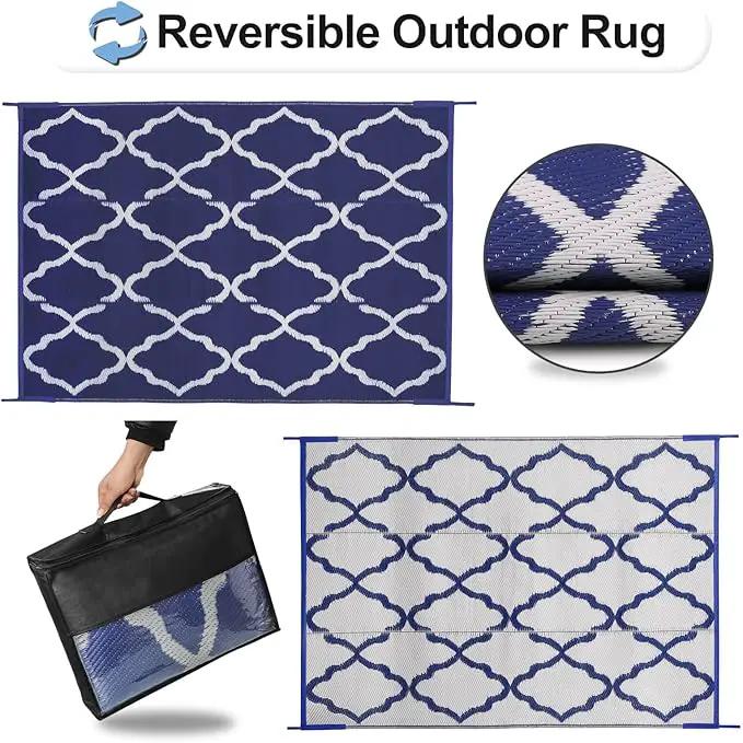 OutdoorLines Outdoor Plastic Area Rugs for Patio 5x8 ft - Reversible Outside Carpet, Stain & UV Resistant RV Mats, Straw Rug for Camping, Deck Garden, Porch and Balcony, Moroccan Navy & Light Grey by GreenHaven Gardens