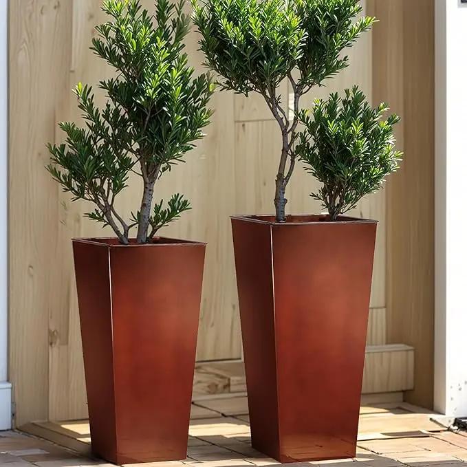 KOL 25'' & 28'' Tall Galvanized Steel Metal Glazed Planter with Insert, Set of 2, Metal Planter Pots for Indoor & Outdoor Use, Decorative Flower Plant Pots for Front Porch, Patio, Deck - Brown by GreenHaven Gardens