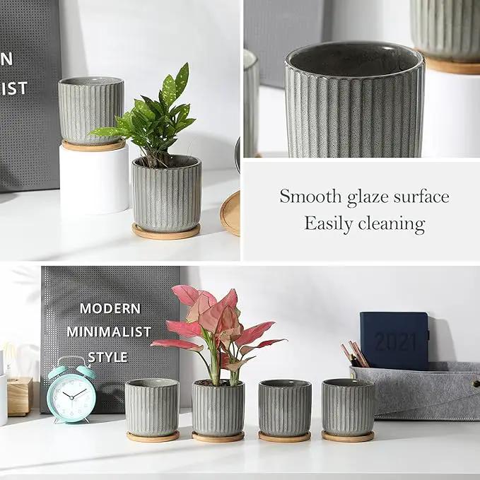 TAMAYKIM 4 Inch Cylinder Ceramic Plant Pots with Drainage Holes & Saucers, Glazed Green Grey Small Boho Planters with Trays for Indoor Flower, Snake Plants, Succulent, Cactus, Set of 4 by GreenHaven Gardens