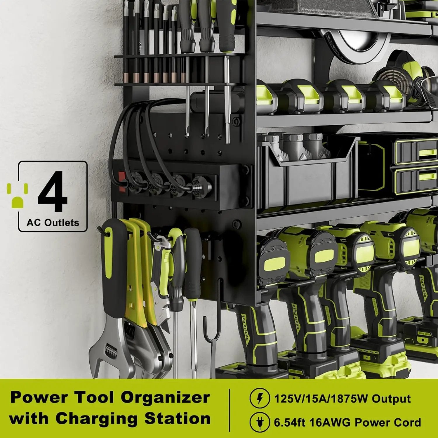 12 Cordless Drill Holder Large Power Tool Organizer Wall Mount with Side Pegboard & Screwdriver Holder, 4-Tier Heavy Duty Metal Tool Storage Rack with 4-Outlet Power Strip by GreenHaven Gardens