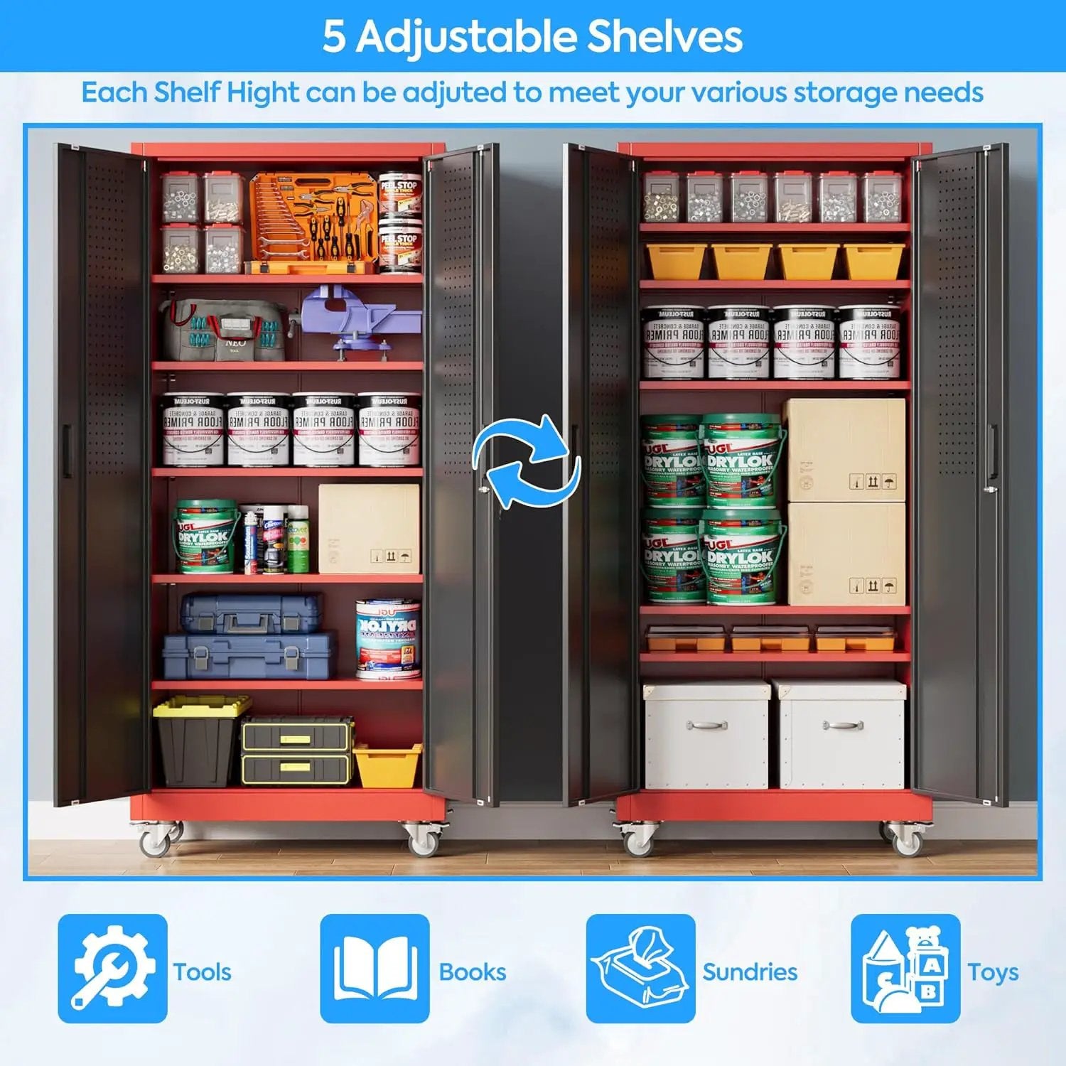 71" H×32" W×16" D Garage Storage Cabinet with Wheels, Locking Metal Storage Cabinet with 5 Adjustable Shelves, 4 Hooks and Pegboard for Garage, Home Office, Kitchen, Black and Red by GreenHaven Gardens