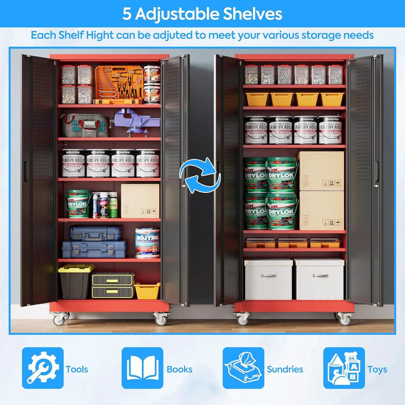 71" H×32" W×16" D Garage Storage Cabinet with Wheels, Locking Metal Storage Cabinet with 5 Adjustable Shelves, 4 Hooks and Pegboard for Garage, Home Office, Kitchen, Black and Red by GreenHaven Gardens