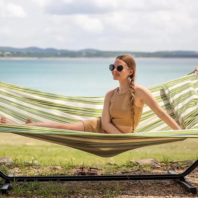 SUNCREAT Portable Double Hammock with Stand, 475 lbs Capacity, Heavy Duty Two Person Hammock with Stand Included, Green Stripe by GreenHaven Gardens