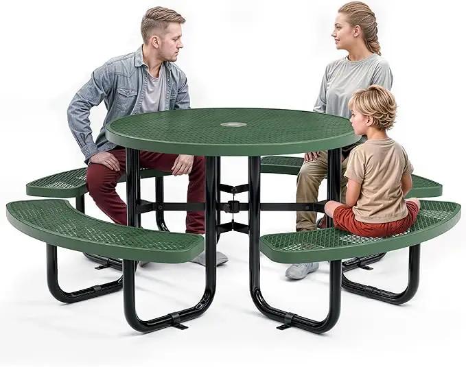 Metal Picnic Tables for Outdoors with Umbrella Hole - Coated Steel Heavy Duty Commercial Grade Table with Adjustable Seats (Green, 46 in, Round, Expanded Steel) by GreenHaven Gardens
