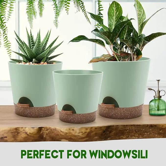 Indoor Self Watering Planters with Drainage Holes and Saucers, 9,8, 7.5 Inches, Green, 3 Pots (Springgreen) by GreenHaven Gardens