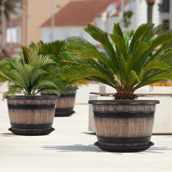 Quarut Large Plastic 4 Pack14 inch Plant Pots,Whiskey Barrel Planters with Drainage Holes & Saucer.Flower Pots Imitation Wine Barrel Design for Indoor & Outdoor Garden Balcony Plants.5 Gallons(Brown) by GreenHaven Gardens
