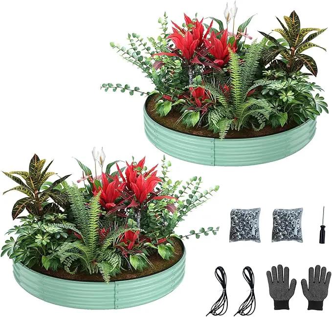 Galvanized Metal Planter Round Raised Garden Bed Kit for Gardening Outdoor，3x3x1ft 2PC Grow Garden Box Raised Flower Bed，Round Galvanized Planter Outdoor Large Metal Fire Pit Ring Green by GreenHaven Gardens