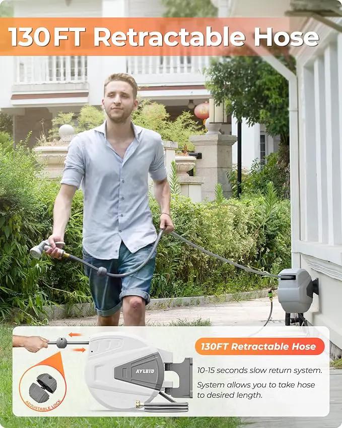 Ayleid Retractable Garden Hose Reel,1/2 in x 130 ft Wall Mounted Hose Reel, with 9- Function Sprayer Nozzle, Any Length Lock/Slow Return System/Wall Mounted/180°Swivel Bracket (Grey) by GreenHaven Gardens