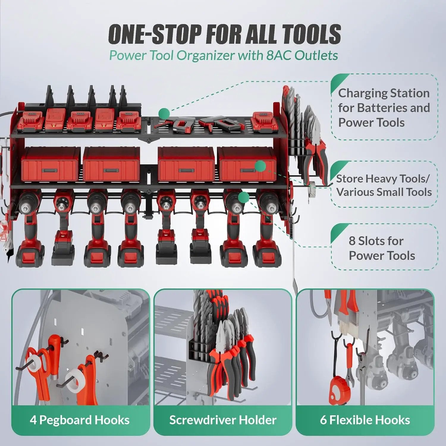 Suchtale Power Tool Organizer with Charging Station,33.2" Garage 8 Drill Holders Wall Mount,3 Layers Heavy Duty Metal Tool Shelf Built in 8 Outlets Power Strip, Gift for Men, Father, Red by GreenHaven Gardens