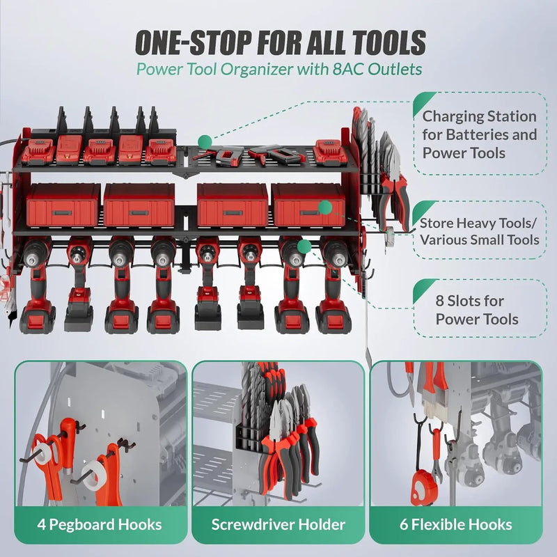 Suchtale Power Tool Organizer with Charging Station,33.2" Garage 8 Drill Holders Wall Mount,3 Layers Heavy Duty Metal Tool Shelf Built in 8 Outlets Power Strip, Gift for Men, Father, Red by GreenHaven Gardens