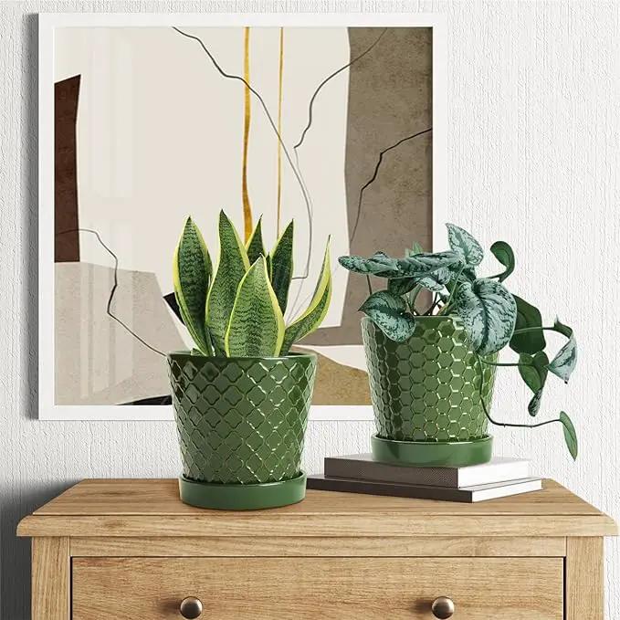 EFISPSS Ceramic Plant Pots, 5 Inch Planters with Drainage Holes and Ceramic Tray, Relief Design Flower Planter, Desktop Office Windowsill Decoration Gift Set of 4 - Blackish Green by GreenHaven Gardens