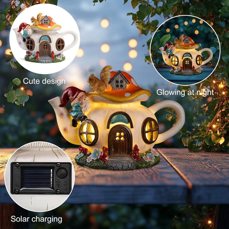 Mushroom Fairy House Garden Decor Solar Light – Outdoor Gnome Statue with Squirrel, Resin Teapot Decorative Figurine for Patio, Lawn, Yard & Balcony, for Women, Mom, and Home by GreenHaven Gardens