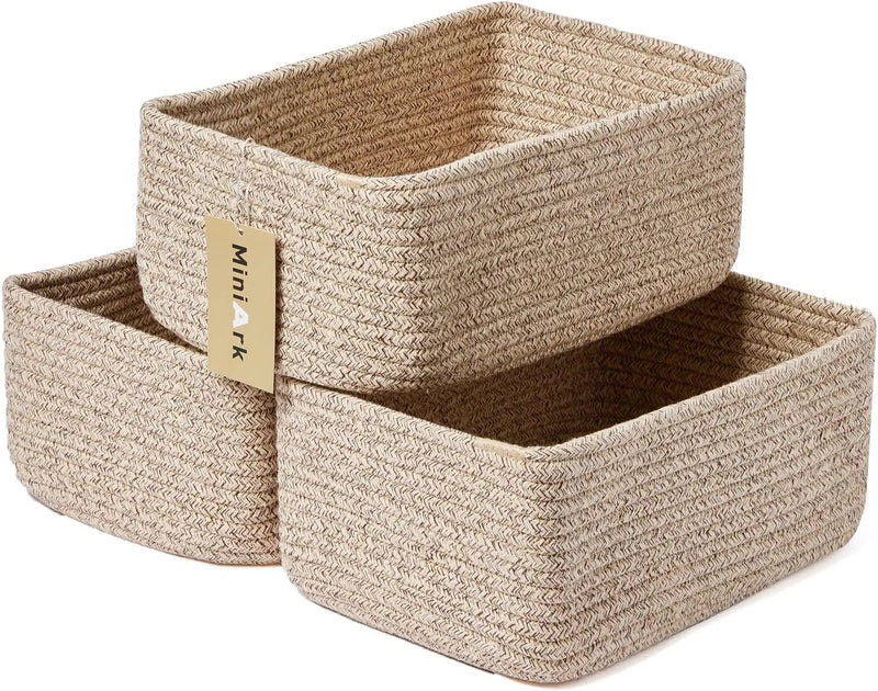 Small Storage Baskets for Organizing | Closet Organizer Bins | Shelf Toy Basket | Woven Rope Baskets | Cube Decorative Box | Shallow Basket | 11.5x7.5x4.7” | 3 Packs Mixed Brown by GreenHaven Gardens