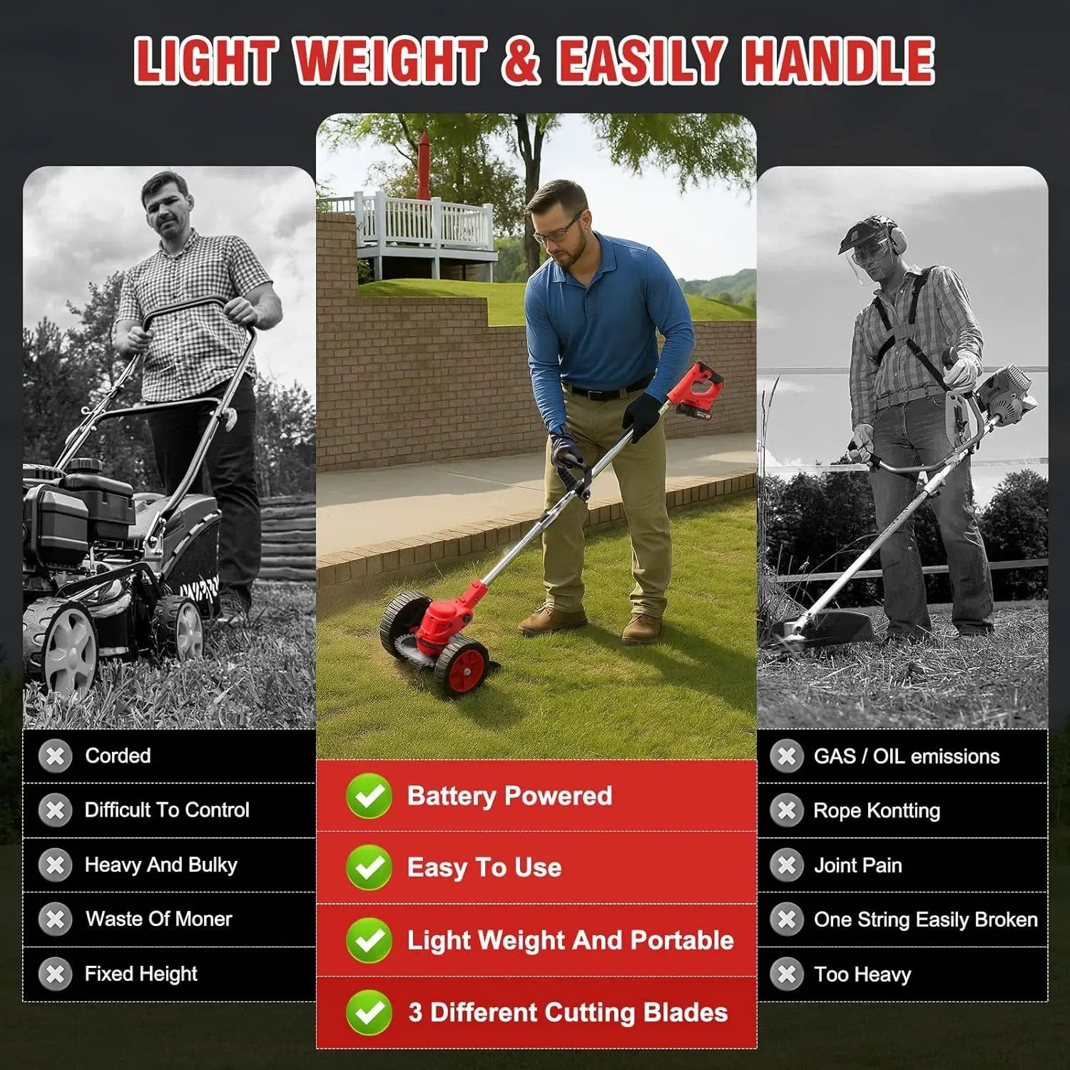 ALSO GO 24V Electric Weed Wacker, 3 in 1 Grass Trimmer with 2pcs Batteries & Fast Charger, Stringless Lightweight Weed Eater/Brush Cutter/Edger with 3 Types Blade & Wheels for Garden and Yard Lawn by GreenHaven Gardens