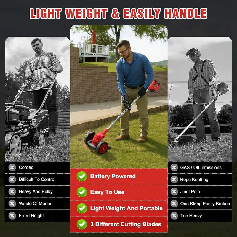 ALSO GO 24V Electric Weed Wacker, 3 in 1 Grass Trimmer with 2pcs Batteries & Fast Charger, Stringless Lightweight Weed Eater/Brush Cutter/Edger with 3 Types Blade & Wheels for Garden and Yard Lawn by GreenHaven Gardens