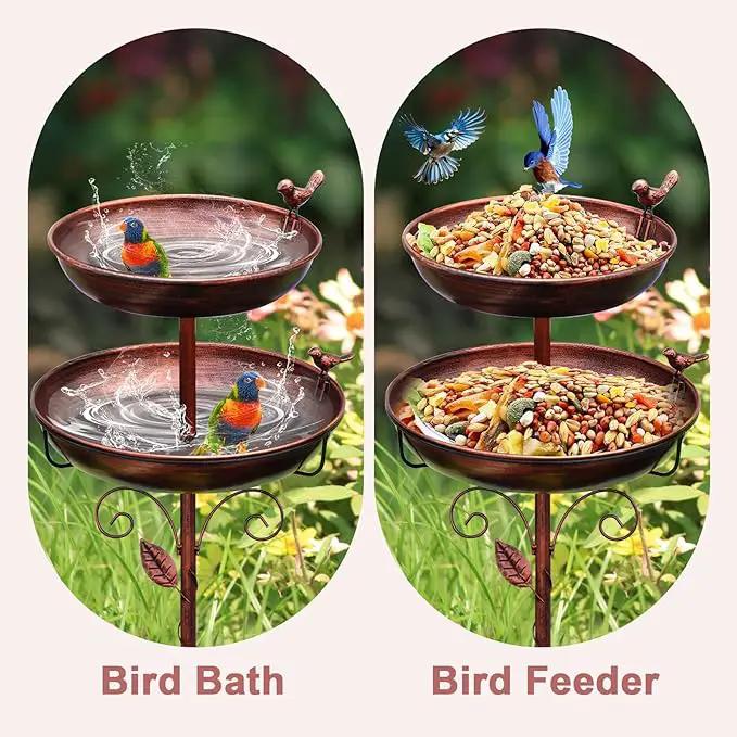 Metal Bird Bath for Outside, 2-in-1 Birdfeeder and Bath, 42 Inch Tall Stand with Hummingbird, Large 12Inch & Small 7.9Inch Bird Bath Bowl, 3 Bird Decor for Garden, Antique Bronze by GreenHaven Gardens
