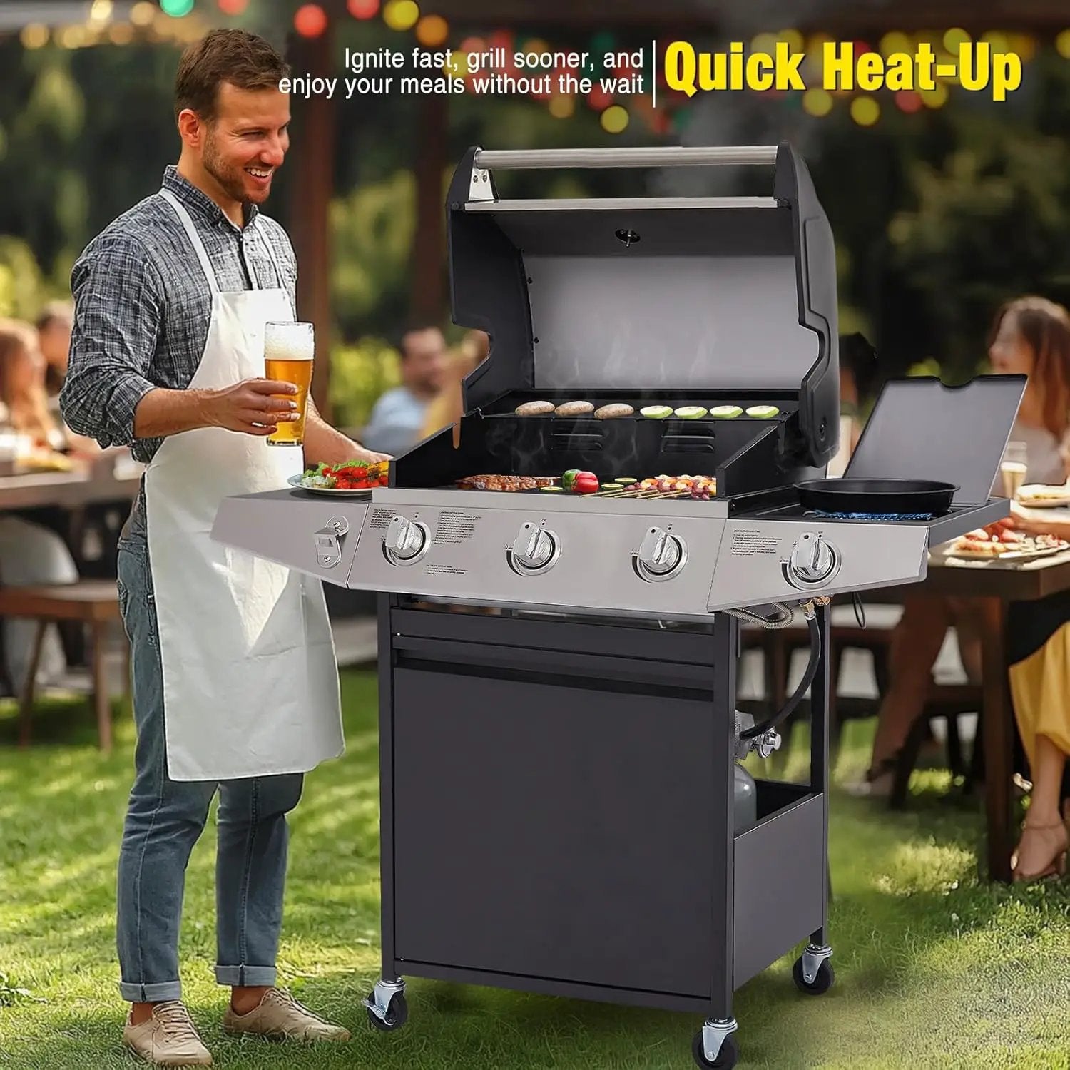 Unovivy 3-Burner Propane Gas Grill with Side Burner, Portable BBQ Grills with Oil Tray and Built-in Thermometer for Outdoor Barbecue, Camping, Patio, Backyard, 39,650 BTU by GreenHaven Gardens