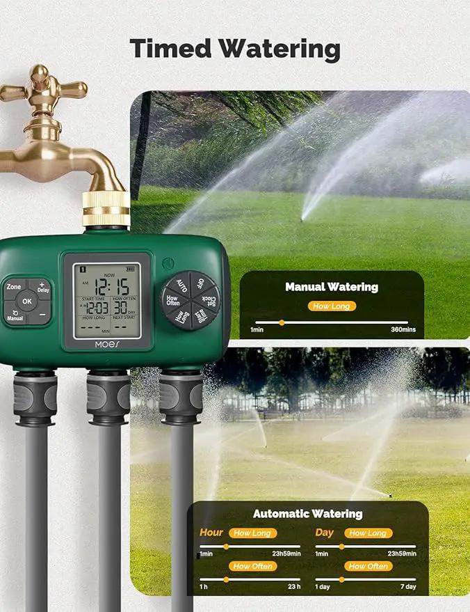 MOES 3 Outlet Sprinkler Timer, Brass Inlet, Programmable Automatic Irrigation Controller, Rain Delay, Manual Watering, 3 Zone Water Hose Timer for Gardens, Lawns, and Hose Systems by GreenHaven Gardens