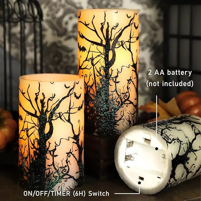 Halloween Decor Flameless Candles Set of 3 Black Spooky Bats Decal Flickering Candles Battery Operated with Remote Real Wax LED Pillar Candles for Halloween Party Horrible Theme Decor by GreenHaven Gardens