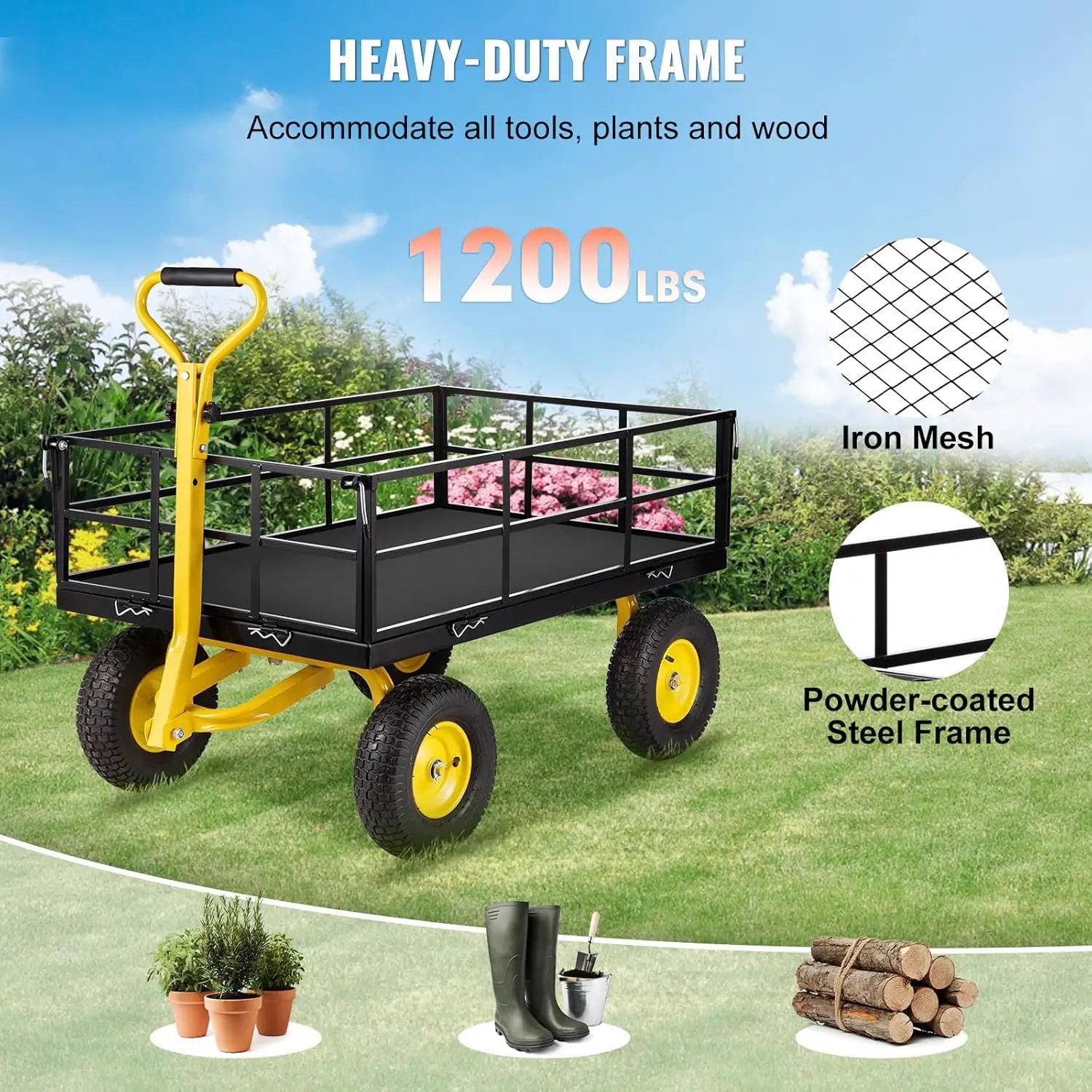 VEVOR Steel Garden Cart, Heavy Duty 1200 lbs Capacity, with Removable Mesh Sides to Convert into Flatbed, Utility Metal Wagon with 2-in-1 Handle and 13 in Tires, Perfect for Garden, Farm, Yard by GreenHaven Gardens