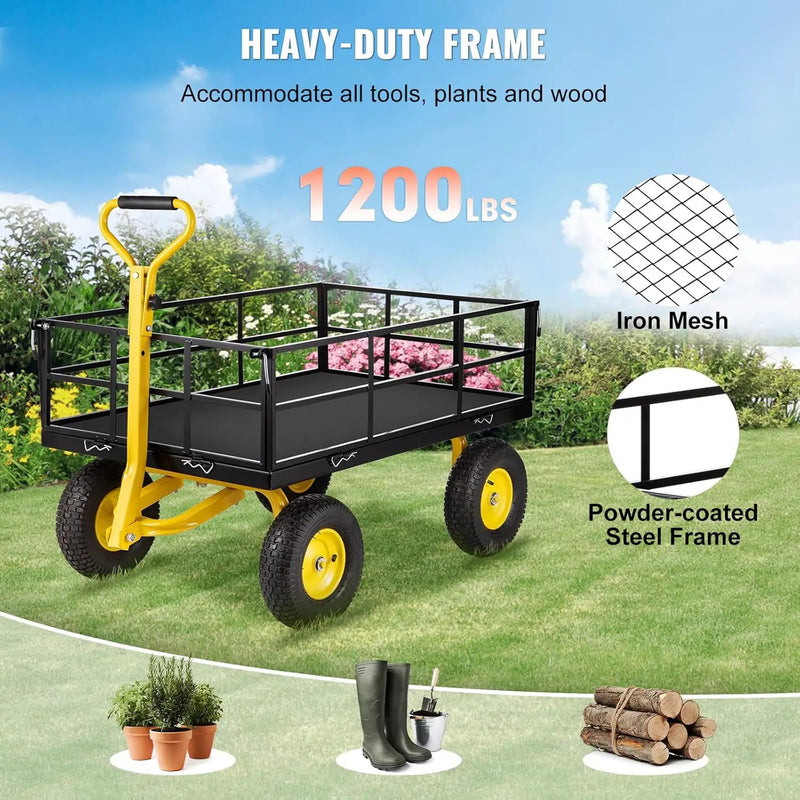 VEVOR Steel Garden Cart, Heavy Duty 1200 lbs Capacity, with Removable Mesh Sides to Convert into Flatbed, Utility Metal Wagon with 2-in-1 Handle and 13 in Tires, Perfect for Garden, Farm, Yard by GreenHaven Gardens