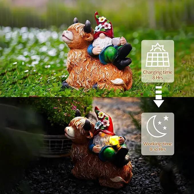 Garden Gnomes Decor Outdoor Statues Gnome on Highland Cow Hold Solar Cup Light Outdoor Decorations for Patio,Yard and Gift for Mom by GreenHaven Gardens