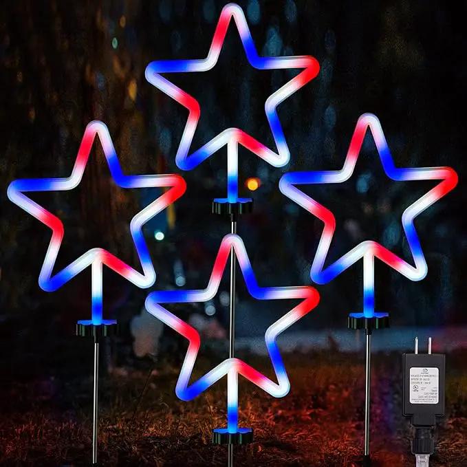 BlcTec 4th of July Decorations, 4PCS Red White and Blue Lights with Stainless Steel Stakes, 4 Big LED Neon Stars Patriotic Lights with Waterproof for Independence Day Garden Yard Lawn Decor, Plug in by GreenHaven Gardens