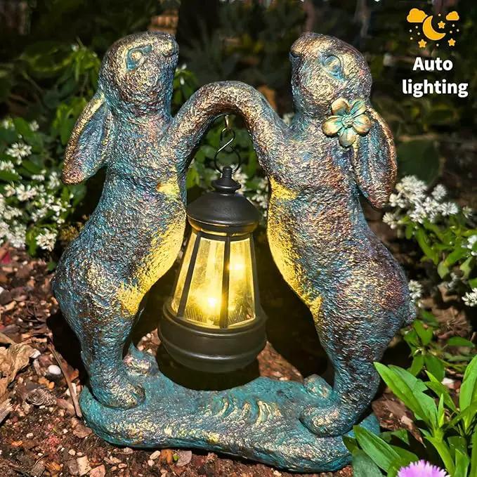 Garden Statues Rabbit with Solar Lantern, Outdoor Bunny Figurines Decorations for Patio Yard Lawn Ornaments, Gifts for Mom/Grandma Birthday Easter Housewarming by GreenHaven Gardens