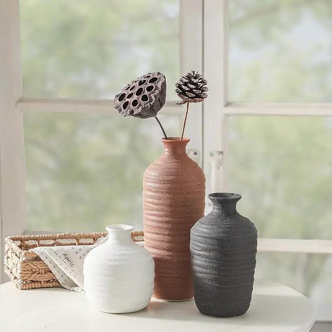Ceramic Vase Set of 3 Neutral Decorative Vase for Farmhouse, Boho, or Rustic Home Decor Pottery Vases for Pampas Grass Living Room Bedroom Table Mantel Entryway Shelf (01-Brown) by GreenHaven Gardens