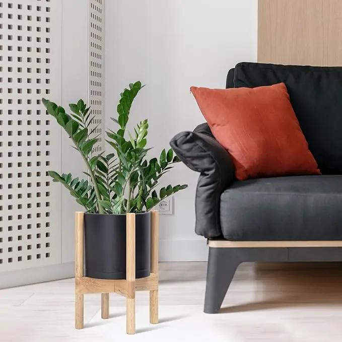 D'vine Dev Planter Pot with Stand - 8 Inch Plastic Cylinder Flower Pot with Wood Planter Holder for Indoor, Matte Black Pot + Natural Stand, 55-C-J-2 by GreenHaven Gardens