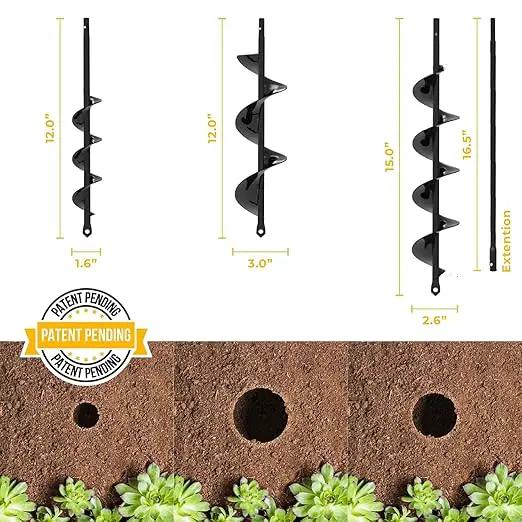 Auger Drill Bit for Planting 3 Pack with Extension - Spiral Hole Planter for Bulbs, Fence Posts, and Umbrella Holes - 3/8'' Hex Drive Drill- Gardening Hole Digger Yard Tools - Garden Drill Attachments by GreenHaven Gardens
